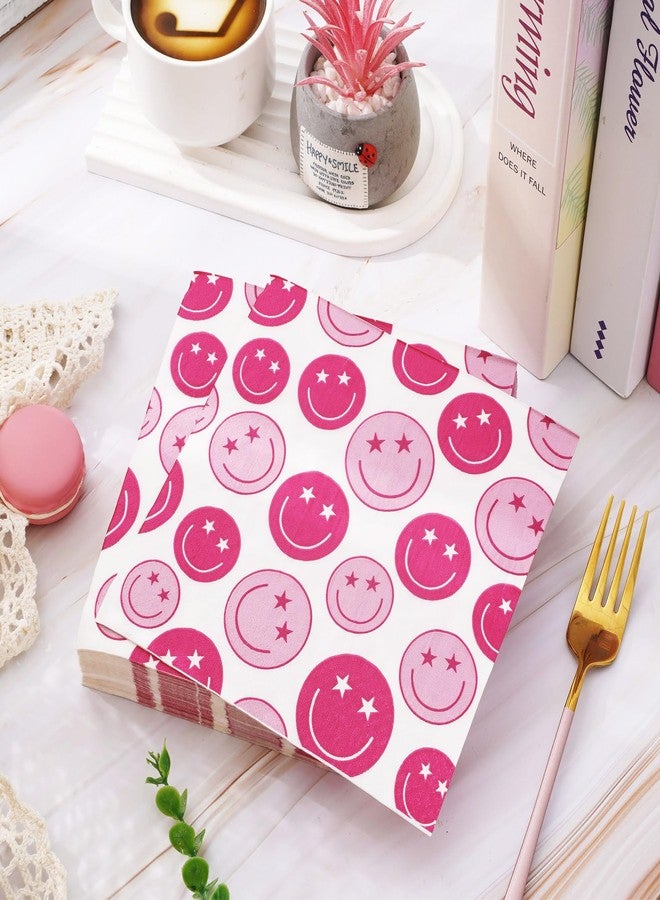 وولاين مجموعة من 80 منديل ورقي أنيق من والين، مقاس 6.5 × 6.5 بوصة، مزينة برسومات وجوه مبتسمة، لون وردي فاقع، مناسبة لحفلات العشاء، وحفلات المدرسة، وحفلات الهيبيز، وتزيين الطاولات. - Image 3